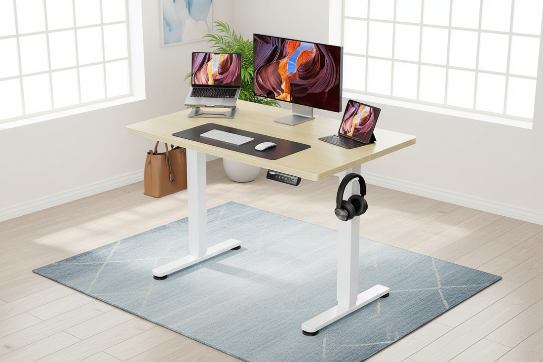 Moderner höhenverstellbarer ErGear Schreibtisch in minimalistischem Home Office Setup