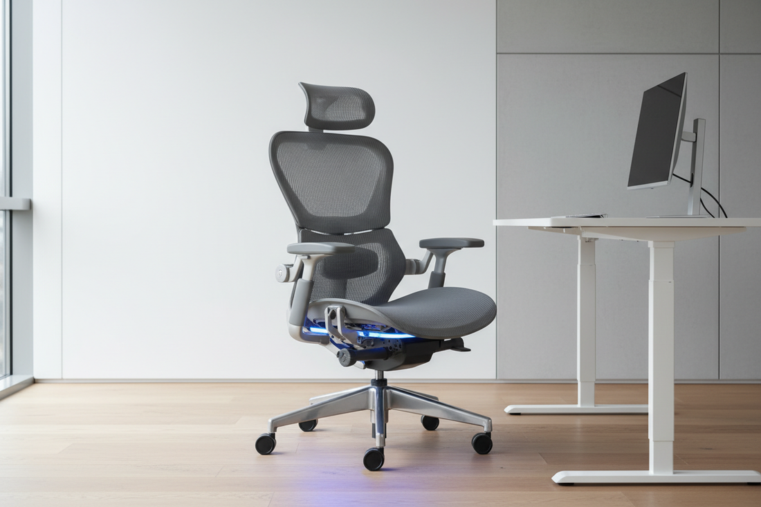 Ergonomischer Bürostuhl mit Lordosenstütze und verstellbaren Armlehnen in modernem Arbeitsumfeld