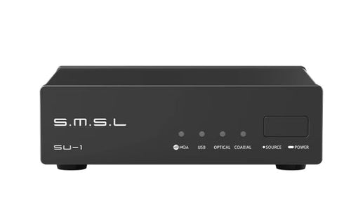 S.M.S.L SU-1 Hi-Res Audio DAC – MQA & MQA-CD Decoder. Kompakter, schwarzer Digital-Analog-Wandler für hochauflösende Musikwiedergabe.