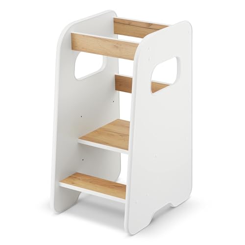 defiPad Lernturm Montessori höhenverstellbar, Weiss Eiche. Stabiler Turm mit Plattform, der Kinder sicher auf Arbeitshöhe bringt.