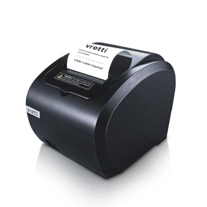 vretti Thermodrucker 80mm POS Bond-/Etikettendrucker - USB LAN. Schwarzes Gerät zum Drucken am POS via USB/LAN.