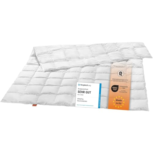 sleepling leichte Sommer Daunendecke – 90% Daunen 135x200 cm. Weiße, rechteckige Decke für Schlafkomfort im Sommer.