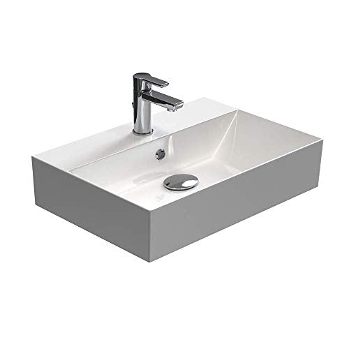 Aqua Bagno Eckiges Design Handwaschbecken Keramik 60x42 cm. Weißes Keramikbecken mit Hahnloch und Überlauf. Zum Händewaschen im Bad.