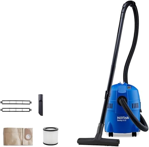 Nilfisk Buddy II 12L robuster Nass Trockensauger – 1200 W. Kompakter, blauer Sauger entfernt Flüssigkeiten & groben Schmutz.