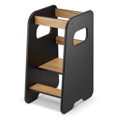 defiPad Lernturm Montessori ab 1 Jahr - Schwarz/Eiche. Stabiler Lernturm in Schwarz-Eiche. Ermöglicht Kindern sichere Teilnahme an Arbeitsflächen.