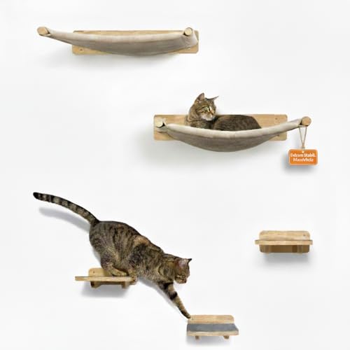 WOOWOOD Katzenkletterwand Set inkl. 2 Treppen - 5-teilig Massivholz. Zur Wandmontage, bietet Kletter- und Liegezonen für Katzen.
