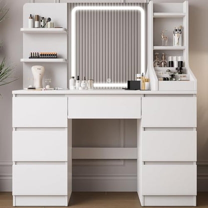 TRIUMPHKEY Schminktisch mit LED Beleuchtung – Verstellbar. Möbelstück mit integriertem, beleuchtetem Spiegel und Schubladen für Make-up und Styling.