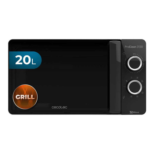 Cecotec Pro Clean 3130 Mikrowelle - Quarz Grill 20 L Schwarz. Rechteckiges schwarzes Gerät. Erhitzt Speisen per Mikrowelle und bräunt mit Quarzgrill.