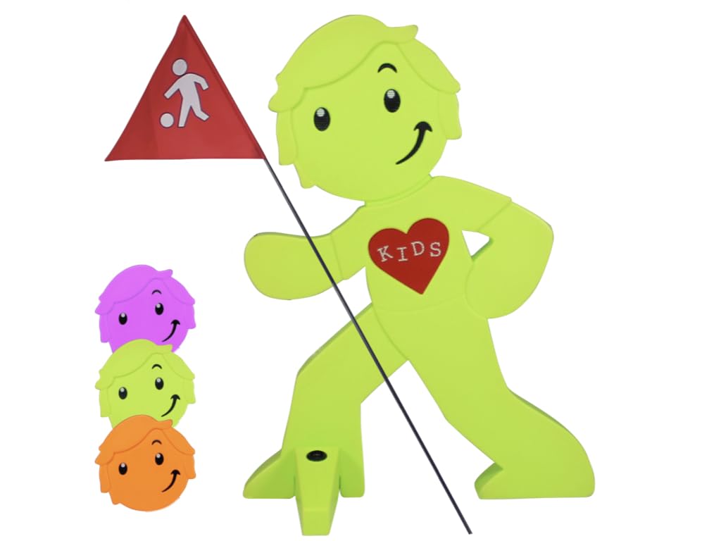 StreetBuddy Warnfigur mit Fahne – Kindersicherheit Warnaufsteller Grün: Grüne Kinderfigur mit Fahne, aufstellbar. Warnt im Verkehrsraum vor Kindern.