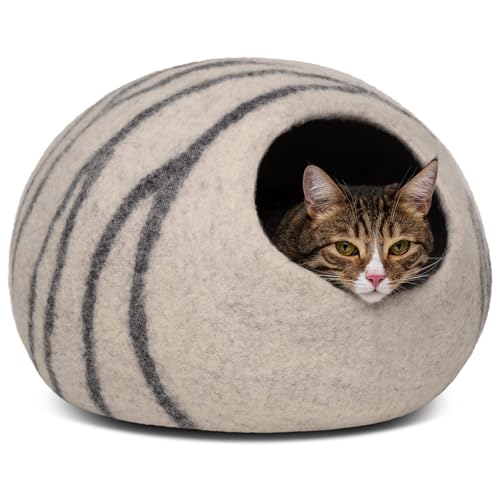 MEOWFIA 100% Merinowolle Katzenbett, höhlenförmig, handgefilzt in Grau. Bietet Katzen einen warmen, geborgenen Rückzugsort.