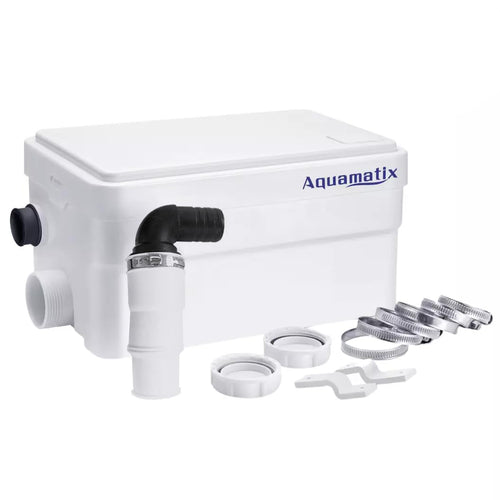 Aquamatix Duscha Duschpumpe Hebeanlage Kompakt – 250W. Graues, quaderförmiges Gehäuse. Entsorgt Duschabwasser ohne natürliches Gefälle.