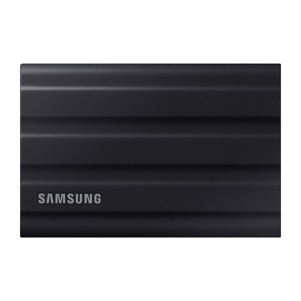 Samsung Portable SSD T7 Shield Externe SSD - 4 TB Schwarz: Kompakte, rechteckige schwarze SSD zum schnellen, portablen Datentransfer.