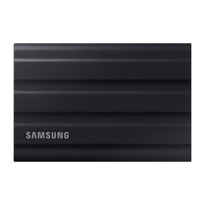 Samsung Portable SSD T7 Shield Externe SSD - 4 TB Schwarz: Kompakte, rechteckige schwarze SSD zum schnellen, portablen Datentransfer.