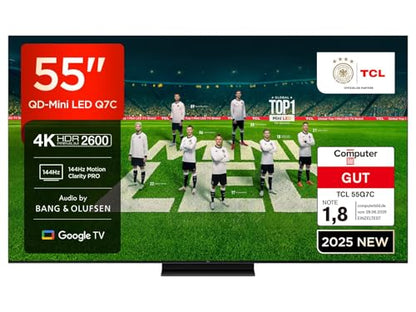 TCL 55Q7C QLED Mini LED TV 55 Zoll 4K HDR Smart TV. Rechteckiger, schlanker schwarzer TV zur Wiedergabe von Medien.