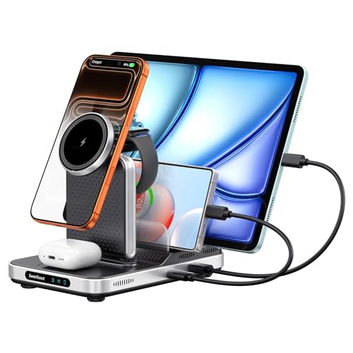 SwanScout 901M Induktive Ladestation 5-in-1 für Apple Geräte: Schwarze Station. Lädt kabellos iPhone, Watch und AirPods gleichzeitig.