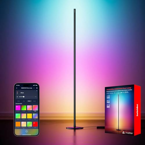 SwitchBot Matter RGBICWW LED Stehlampe Smart Home – Schwarz. Schwarze Standleuchte für personalisierbare intelligente Beleuchtung mit RGBICWW Farbspektrum.