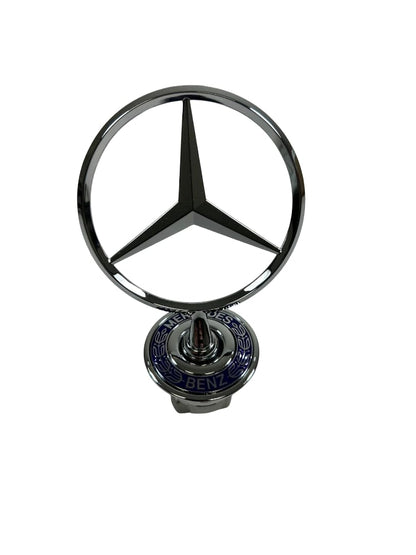 Mercedes-Benz Stern Emblem für C-/E-/CLK-/S-Klasse, A2108800186 in Chrom mit blauem Sockel