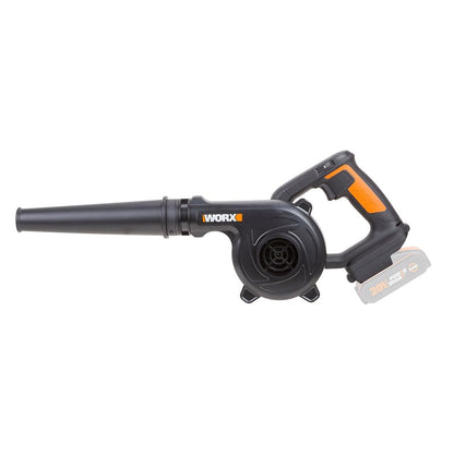 WORX WX094.9 20V Akku Werkstatt- & Laubbläser – Ohne Akku/Lader. Kompakt, orange-schwarz, mit Düse. Entfernt Staub, Späne und Laub.