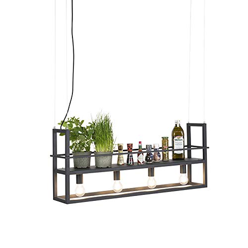 Qazqa Cage Rack Pendelleuchte Industrie Stahl schwarz 4-flammig. Rechteckige schwarze Stahl-Hängelampe mit vier Leuchten für Innenraumbeleuchtung.