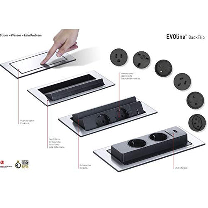 EVOline BackFlip Tischsteckdose 2x Schuko USB-C Edelstahl