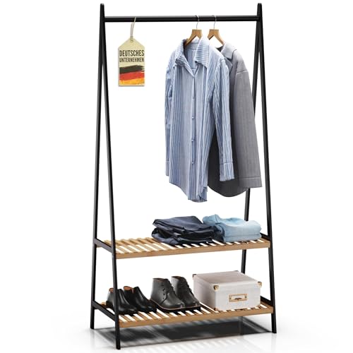 RoyalGrove Kleiderständer mit 2 Ablagen - Bambus schwarz. Schwarzer Bambus-Ständer zum Aufhängen von Kleidung und Ablegen von Accessoires.