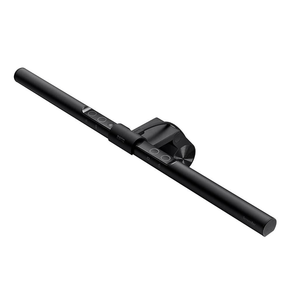 BenQ ScreenBar LED Monitorlampe für Büro & Homeoffice. Schwarze, lineare Leuchte. Wird am Monitor befestigt und sorgt für blendfreie Schreibtischbeleuchtung.