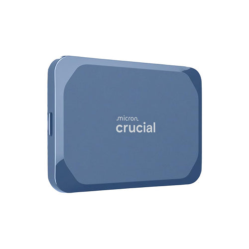 Crucial X10 Externe SSD Festplatte – 1TB Blau matt – High-Speed. Rechteckiges, mattblaues Gehäuse. Zum schnellen Speichern und Übertragen von Daten.