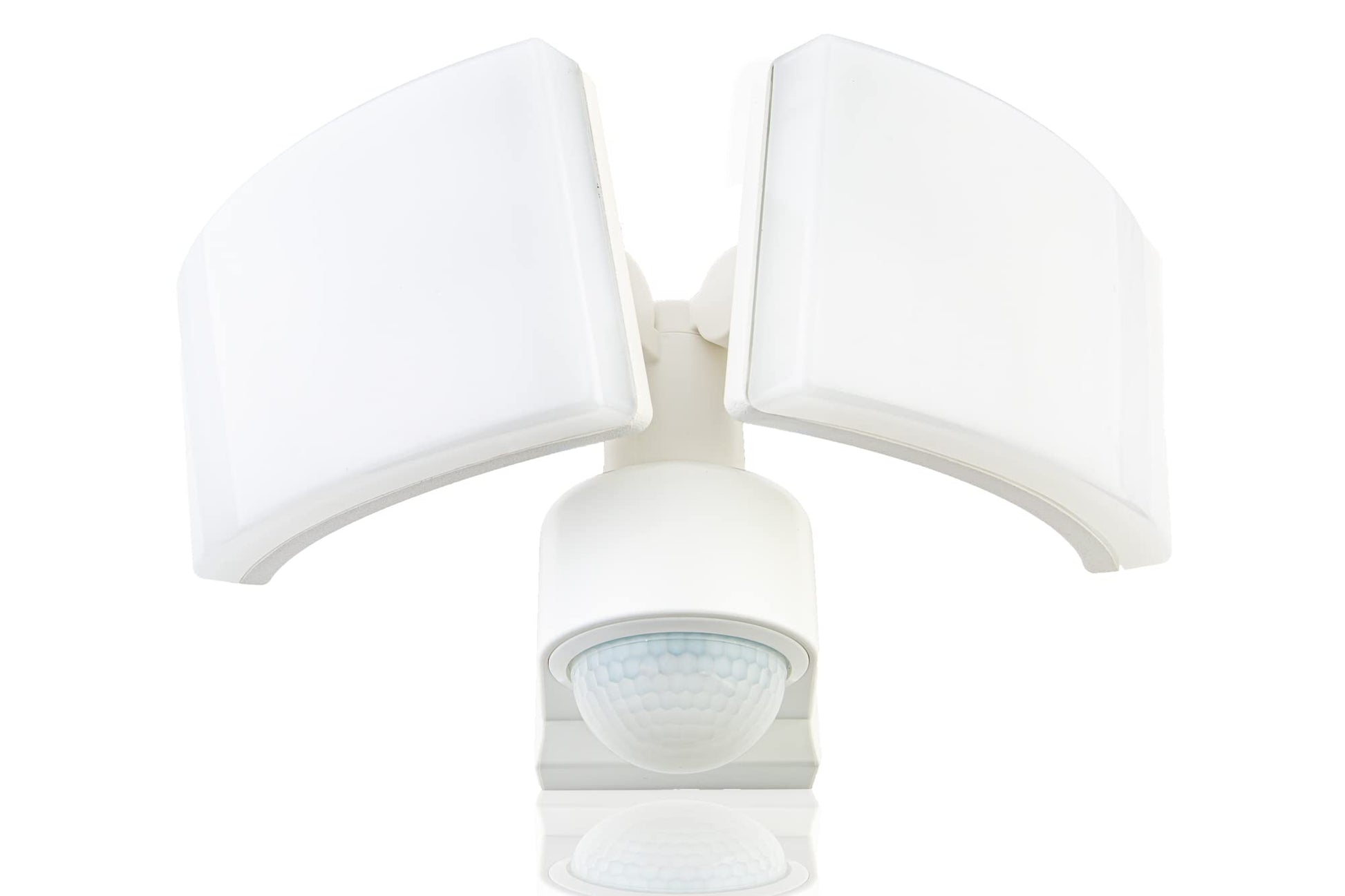 HUBER LED Strahler Bewegungsmelder 2x20W 360° - weiss. Weisser Doppel-Strahler mit PIR-Sensor für automatische Aussenbeleuchtung.