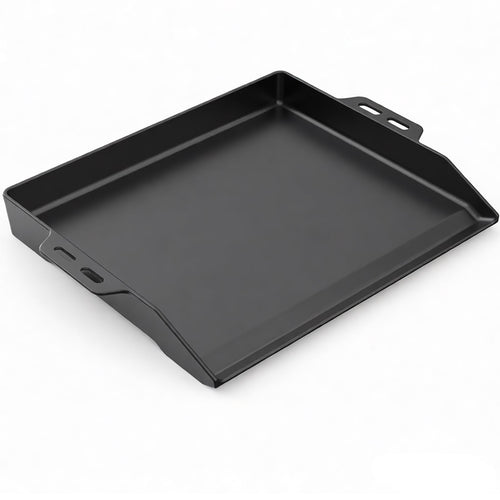 GFTIME Gusseisen Grillplatte 48 x 36 cm, Plancha mit Fettauffangrinne – rechteckig, mit beidseitigen Griffen