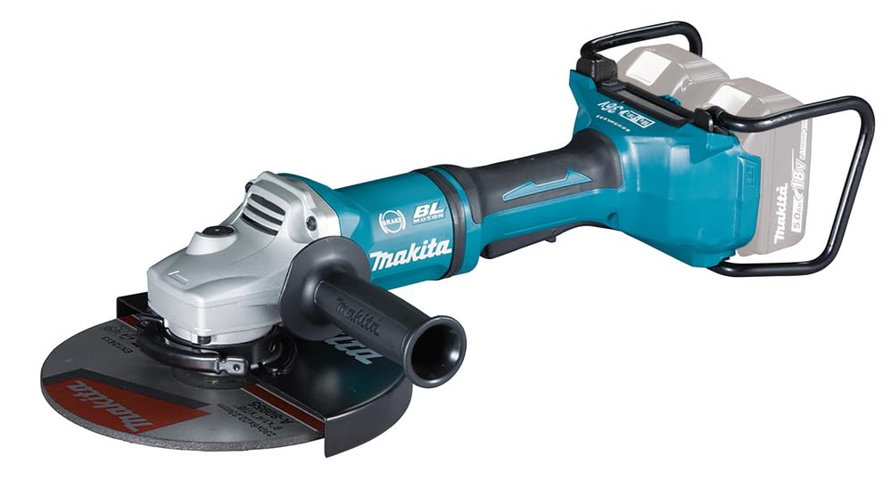 Makita DGA900ZKX2 Akku-Winkelschleifer. Blau-schwarz, mit Schutzhaube und Zusatzhandgriff zum Trennen und Schleifen von Metall und Stein.