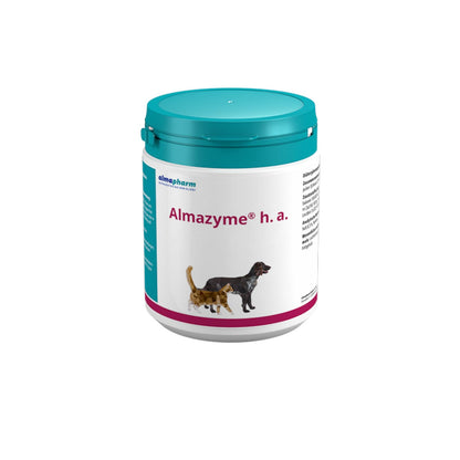 almapharm Almazyme h.a. Ergänzungsfuttermittel – Pulver 500g. Helles, feines Pulver in weißem Behälter. Enzympräparat zur Verdauungsunterstützung.