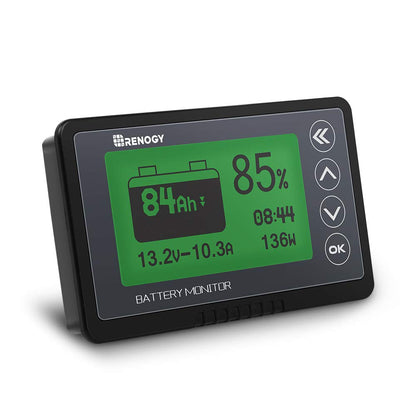 Renogy Batteriewächter 500A – 12-48V Batteriemonitor. Schwarz, rechteckig. Überwacht Spannung, Strom und Ladezustand von 12-48V Batterien.