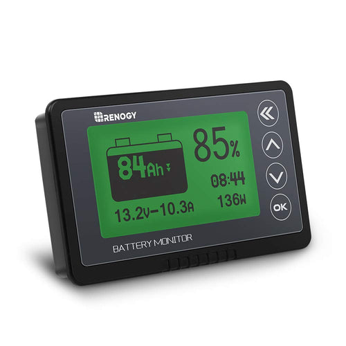 Renogy Batteriewächter 500A – 12-48V Batteriemonitor. Schwarz, rechteckig. Überwacht Spannung, Strom und Ladezustand von 12-48V Batterien.