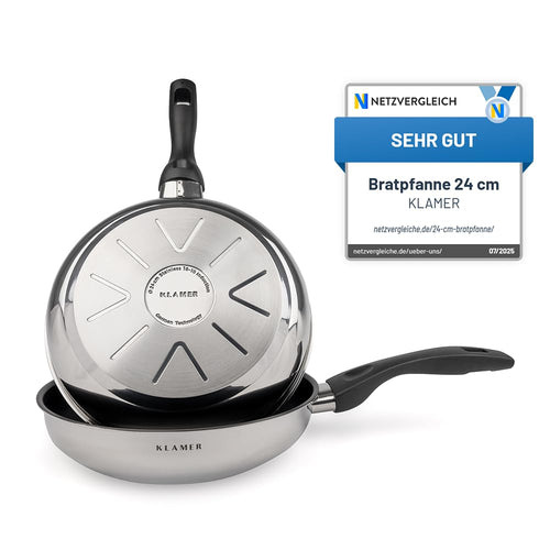 KLAMER Bratpfanne 24 cm Edelstahl Induktion mit Antihaftbeschichtung, rund, ergonomischer Griff