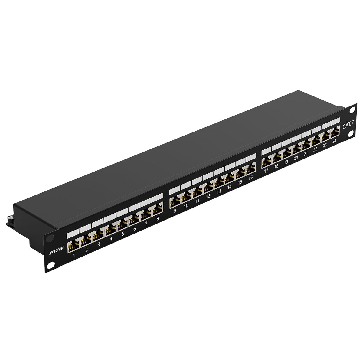 FGB CAT 7 Patchpanel 24 Port RJ45 - Geschirmt 19 Zoll. Silbernes 19-Zoll-Patchfeld zur strukturierten Netzwerkverkabelung.
