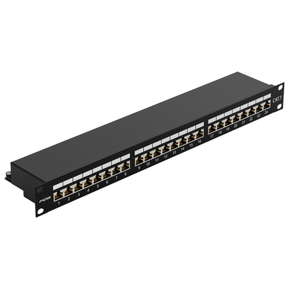FGB CAT 7 Patchpanel 24 Port RJ45 - Geschirmt 19 Zoll. Silbernes 19-Zoll-Patchfeld zur strukturierten Netzwerkverkabelung.