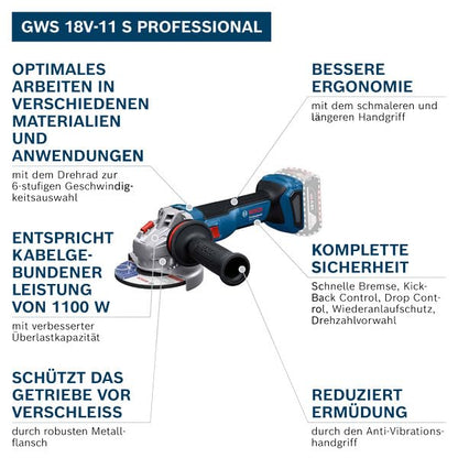 Bosch Professional GWS 18V-11 S Akku-Winkelschleifer Solo L-BOXX