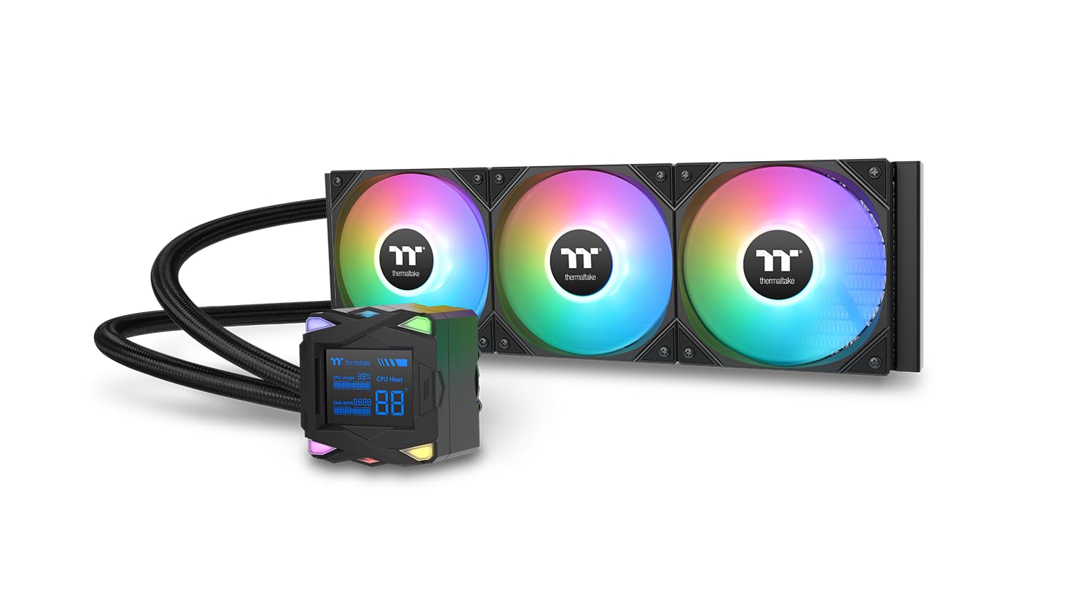 Thermaltake LA360-S ARGB All-in-One Wasserkühlung – Schwarz. Schwarze AIO mit 360mm Radiator und ARGB-Lüftern. Kühlt CPUs in Gaming-PCs.