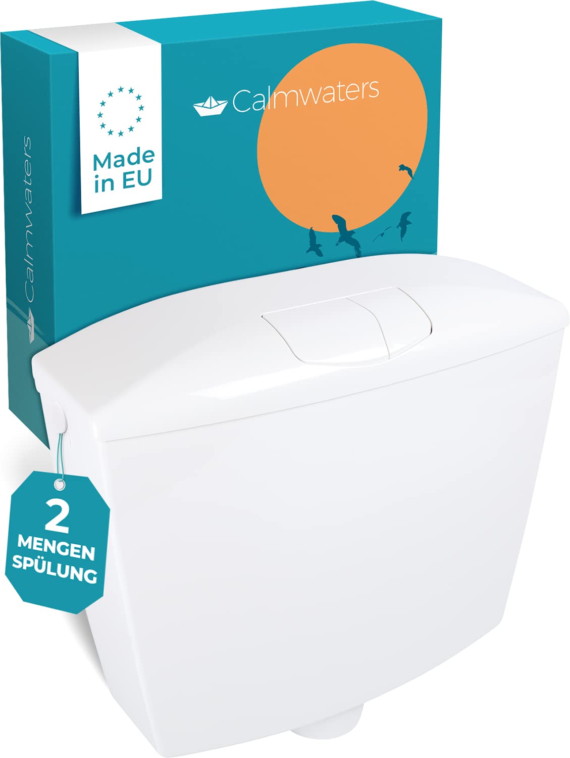 Calmwaters® Premium Aufputz WC Spülkasten - 2-Mengen. Weißer, rechteckiger Aufputz-Spülkasten für WC mit 2-Mengen Spültechnik.