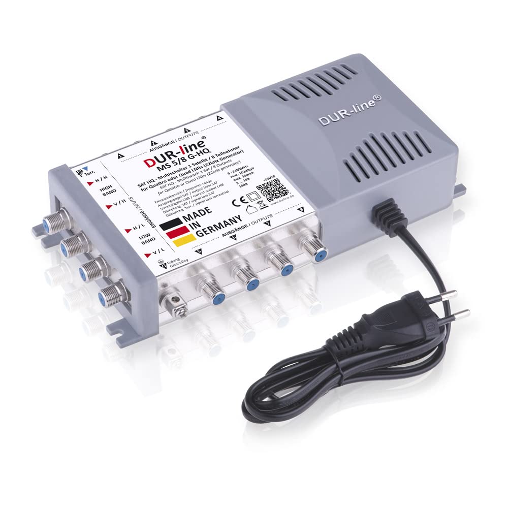 DUR-line MS 5/8 G-HQ SAT Multischalter - 8 Teilnehmer. Kompaktes, silbernes Metallgehäuse. Verteilt 5 SAT-Signale an 8 Teilnehmer.