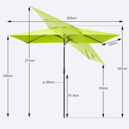 Sekey Sonnenschirm rechteckig 210 x 140 cm mit Kurbel, Apfelgrün