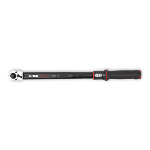 STIER Drehmomentschlüssel Premium+ - 1/2 Zoll 40-200 Nm, silberner Metallkörper mit schwarzem Griff zur genauen Drehmomentkontrolle von Schraubverbindungen.
