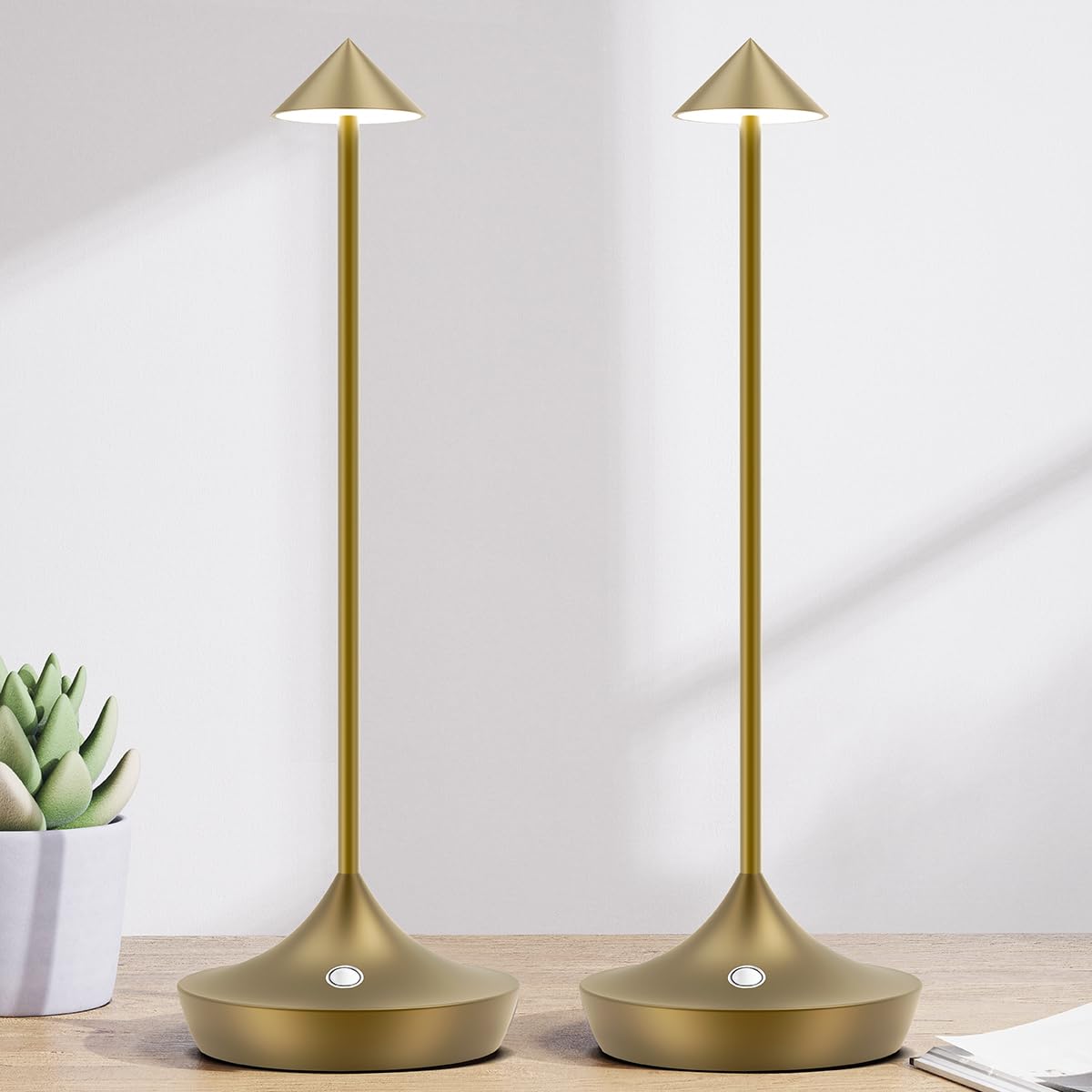 Hapfish LED Akku-Tischlampe Kabellos 2er Set Dimmbar Aluminium Bronze, schlanke Leuchte für innen und aussen