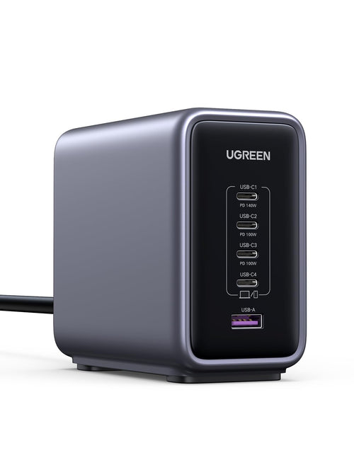 UGREEN Nexode 300W USB C Ladegerät 5 Ports GaN PD 3.1. Schwarz, blockförmig. Lädt 5 USB-C Geräte gleichzeitig.