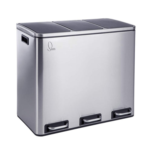 SVITA TM3X18 Treteimer 54L Edelstahl Silber Mülltrennung. Silberner Edelstahl-Treteimer mit drei Innenbehältern zur effektiven Abfalltrennung.