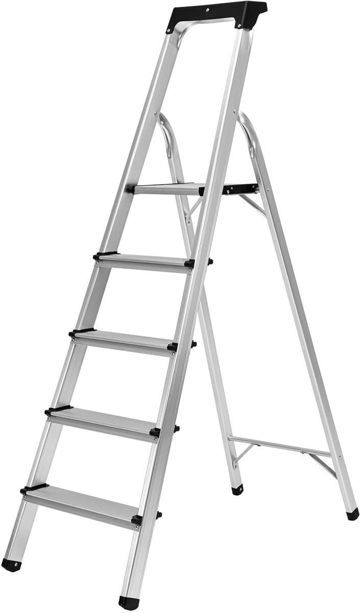 Craftfull Alu Stehleiter CF-133B Klappleiter mit Ablage, 5 Stufen aus Aluminium, klappbar