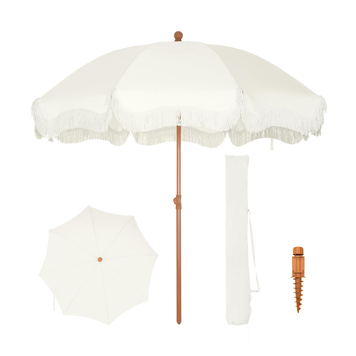 PHI VILLA Sonnenschirm 200 cm knickbar mit Fransen, Milchweiss – rund, Boho-Design, für Garten und Strand