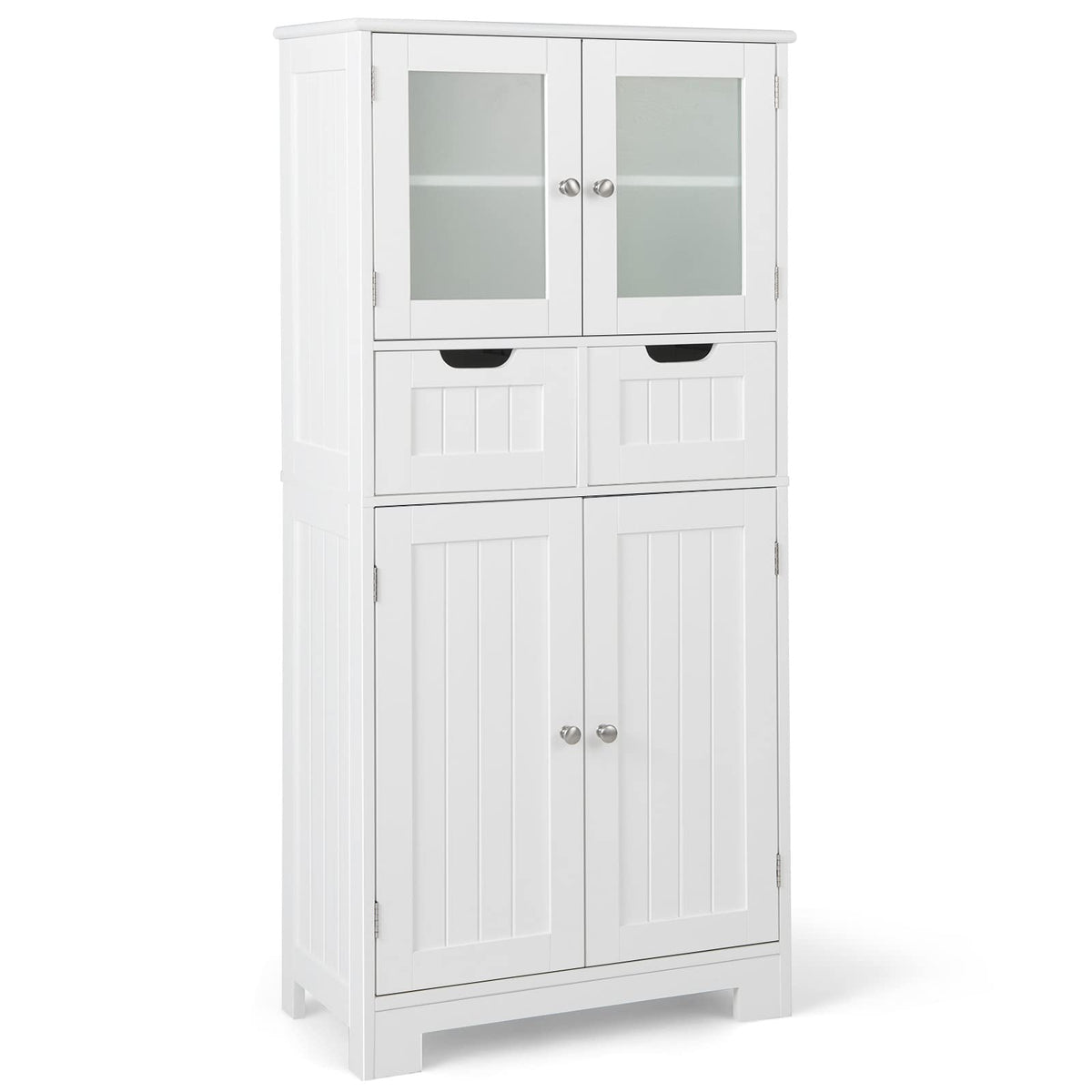 COSTWAY Badschrank mit 2 Schubladen, 4 Türen, Regale verstellbar - Weiss. Zur Aufbewahrung von Badutensilien.