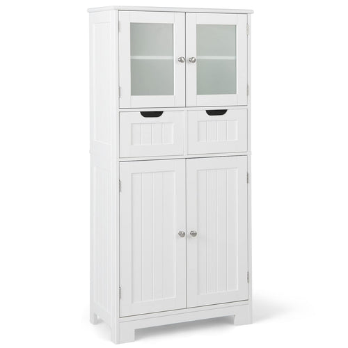 COSTWAY Badschrank mit 2 Schubladen, 4 Türen, Regale verstellbar - Weiss. Zur Aufbewahrung von Badutensilien.