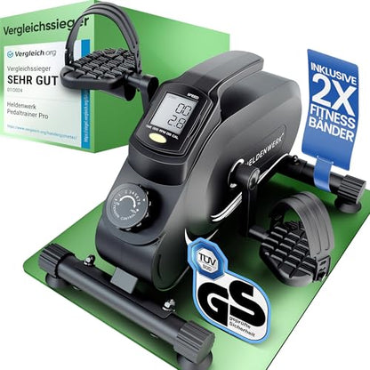 HELDENWERK Pedaltrainer PRO Set, kompakt, schwarz, mit Pedalen. Fördert Blutzirkulation und stärkt Bein-/Armmuskulatur im Sitzen.
